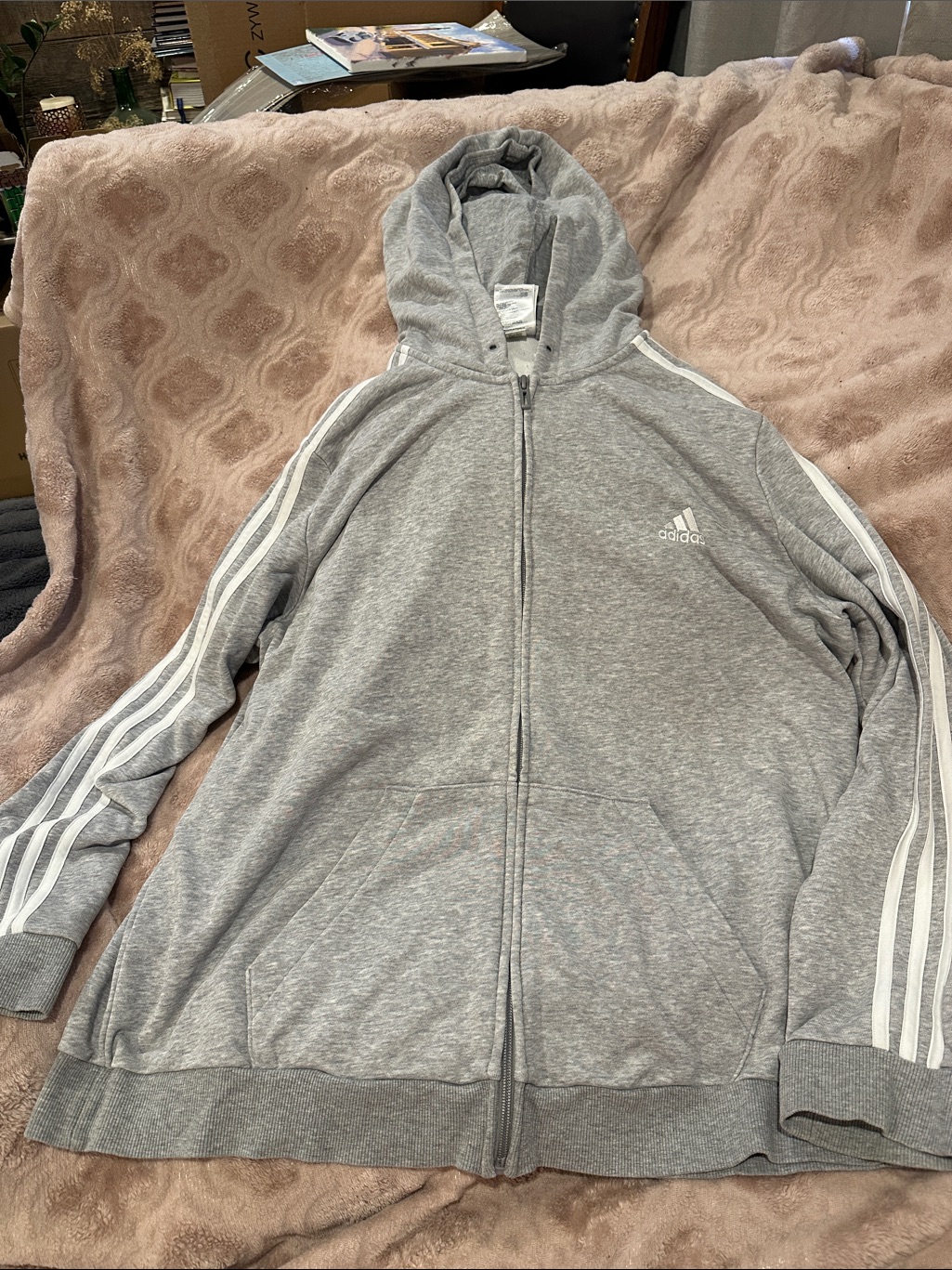 Adidas Light Gray Full-Zip Hoodie With White Stripes 2xl